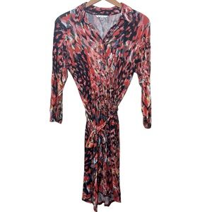 CAbi Watercolor knit jersey shirt dress. 1/4 button V neck. Women’s M